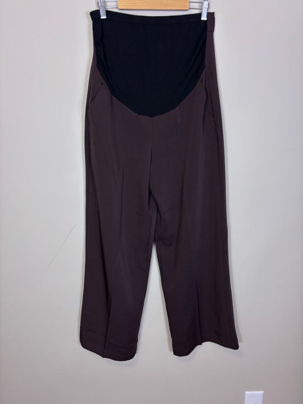 Seraphine Brown Wide-Leg Maternity Dress Pants with Black Stretch Panel US 6